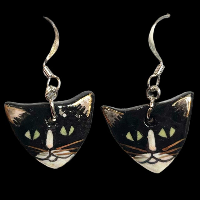 Porcelain tuxedo cat earrings handmade for EnVision Gallery & Gifts, Mayne Island