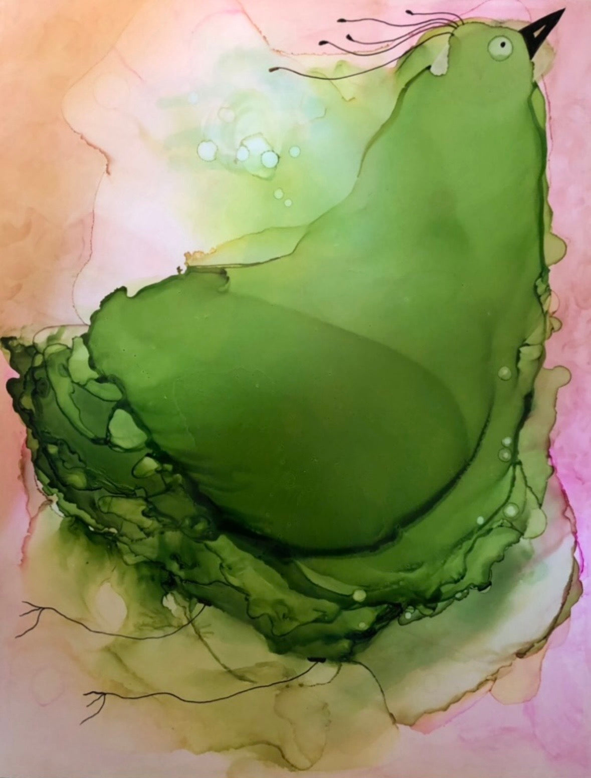 Don't Listen to That Little Voice, a chartreuse bird ink painting by Cole Carter
