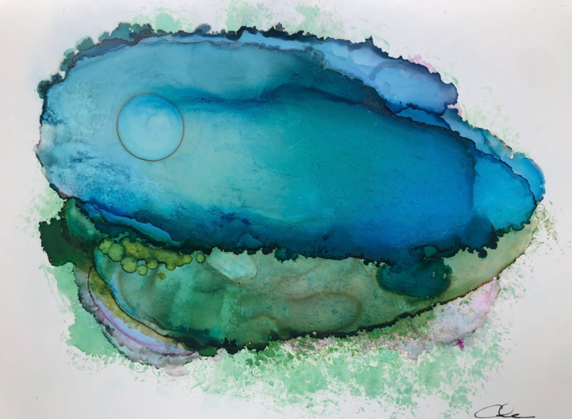 We Are Rabbits, a blue and green dreamscape alcohol ink painting by Cole Carter