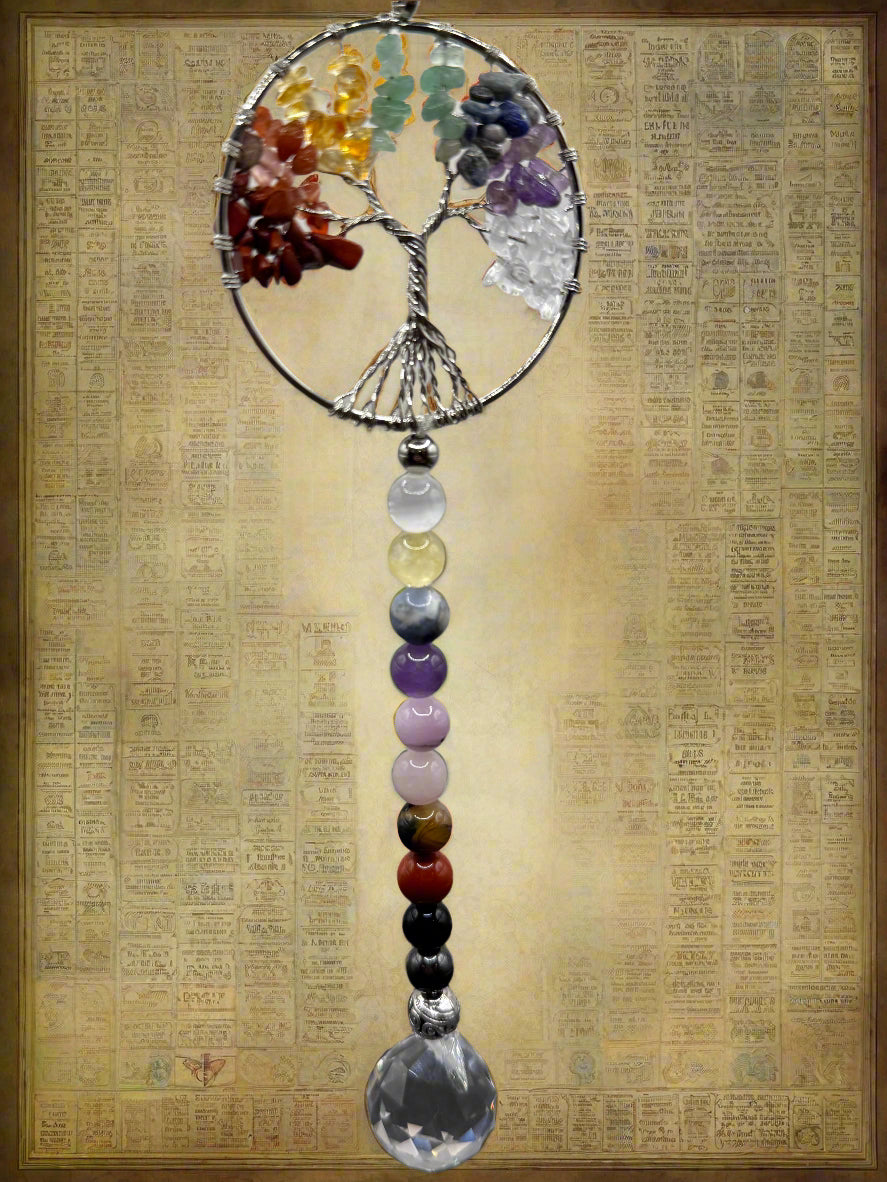 Wire-wrapped Tree of Life suncatcher with chakra stones by Krylo Crystal Creations