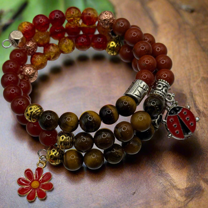 Carnelian, red jasper and tiger's eye memory wire bracelet by Krylo Crystal Creations