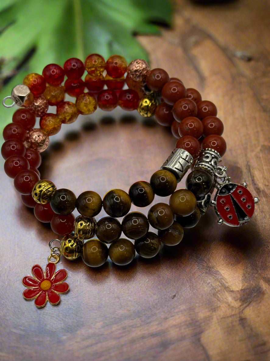 Carnelian, red jasper and tiger's eye memory wire bracelet by Krylo Crystal Creations