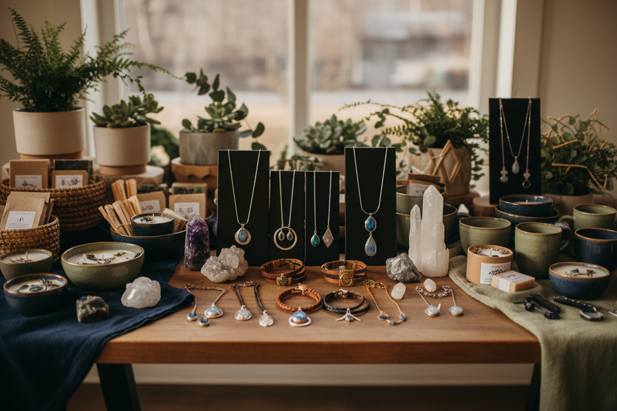A wide, photo-realistic hero image of a beautifully styled artisan marketplace display table. The table is made of natural wood and features handcrafted jewelry, crystals, pottery, candles, and small artisan goods arranged with care. Include soft touches of greenery and botanical accents in the background, but keep the focus on the artisan products. The lighting should be warm and natural, evoking a cozy boutique studio.

Integrate the Secret Garden Finds color palette subtly throughout the scene:
• Navy (#