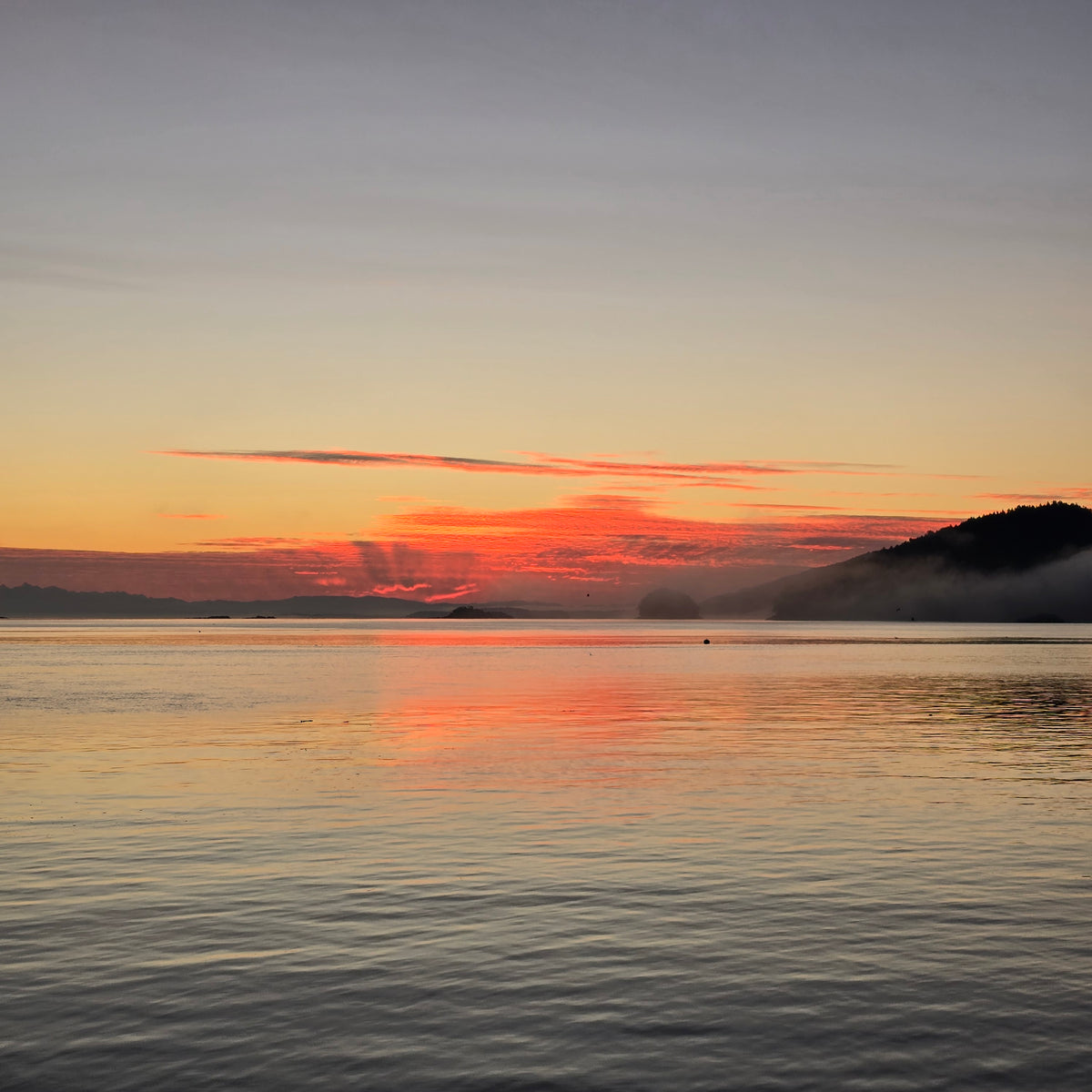 A scenic landscape photograph of a sunset over calm water, with a warm orange and pink sky reflecting on the water surface, dark tree silhouettes on the horizon, and low mist hanging over the water.